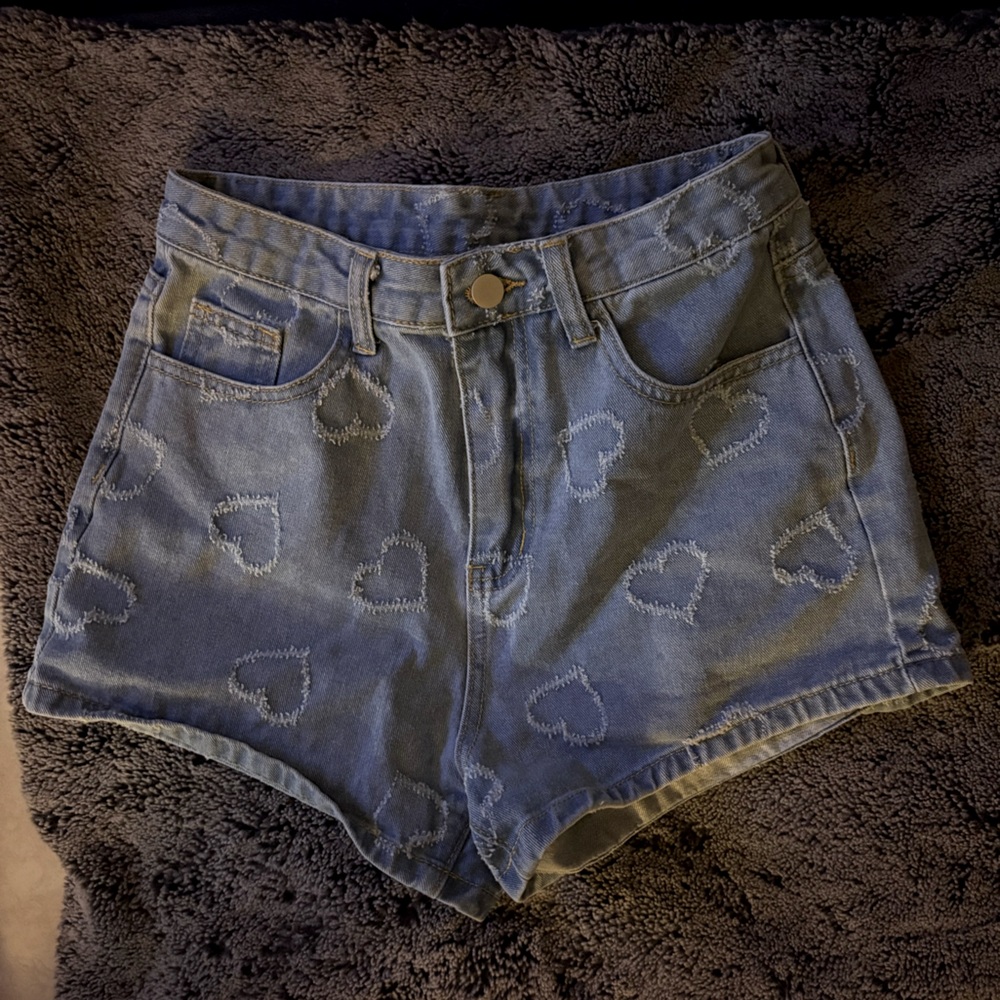 ROMWE Blue Heart Embroidered Jean Shorts